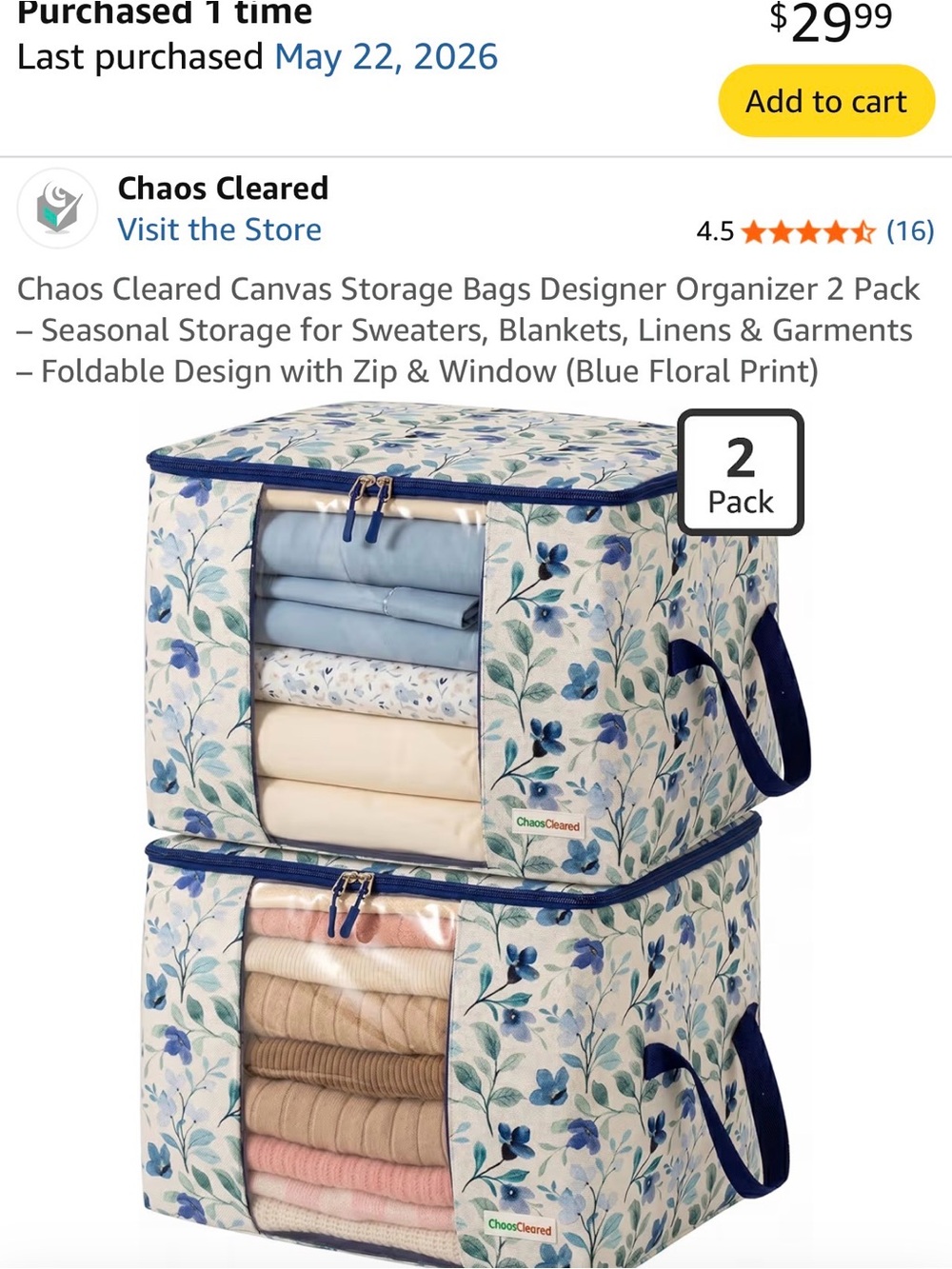 Blue Floral Canvas Storage Bags - 2 Pack